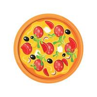 round pizza with olives and salami on white background vector