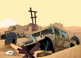 broken old rusty military army vehicle against the background of desert and sand vector