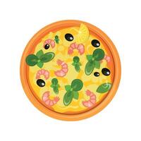 round pizza with cheese and shrimps on white background vector