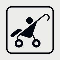 black and white icon of baby stroller on white background vector