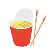 Instant Noodles in Red Cup with Open Lid and Chopsticks, Perfect for Food Packaging, Restaurant Menus, Culinary Branding, and Fast Food Illustrations vector