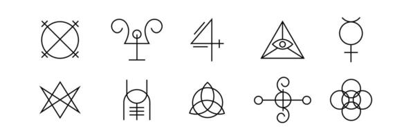 Black geometric symbols with mystical and sacred elements. vector