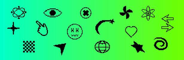 Black pixel icons with hearts and retro technology symbols. vector