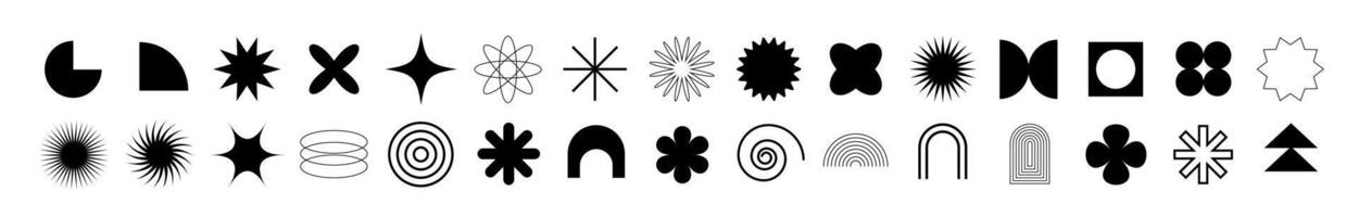 Brutalist icons in black outline with geometric shapes for decor. vector