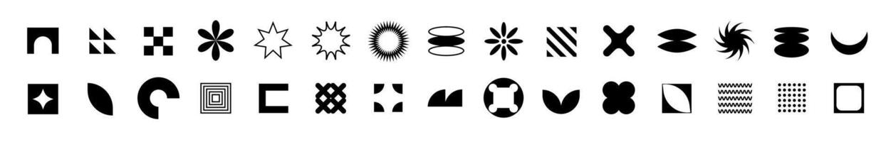 Minimalistic black symbols with stars, spirals, and geometric figures. vector
