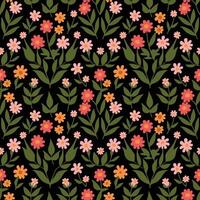 Elegant Botanical Seamless Pattern with Colorful Flowers on Black Background. vector