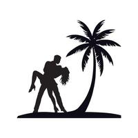 Romantic Couple Silhouette Dancing Under Palm Tree on Beach. vector