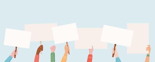Hands hold blank protest placards, raised high in a demonstration. People united in protest and empowerment, showing support by holding hand with template signs that show their strength and solidarity vector