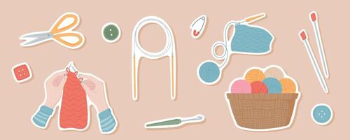 Sticker pack hands knitting with a thread, and a basket of colorful yarn. Scissors, buttons, and knitting needles for tailoring. Cute illustration of essential sewing supplies for handmade projects. vector
