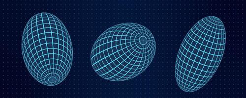 Three 3D oval shapes with abstract wireframe and mesh grids. Geometric elements display latitude and longitude lines. Y2k cyberpunk aesthetic in a futuristic digital design. vector