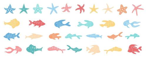 Illustration of fish and starfish set in bright colors. Various marine life forms with cartoonish, colorful patterns. Seaweed and water world, underwater designs. vector