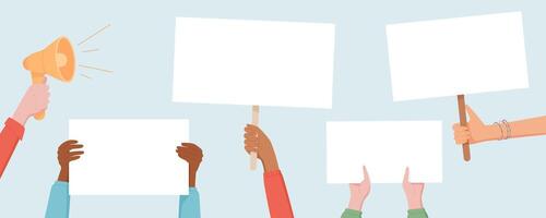 Hands hold blank signs during an election demonstration. The diverse group of people wields template boards and placards for political rally and vote campaign. The crowd supports politics and election vector