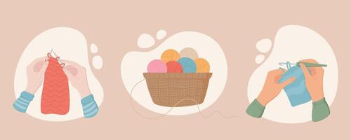 Hands holding knitting needles with thread creating fabric. Basket with colorful yarn balls. Hands crocheting with thread for a sewing project. Illustration of handcrafting cozy textile creations. vector