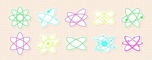 A collection of neon atom shape stickers featuring wireframe and grid designs. Abstract 2D patterns with Y2K graphics in vibrant colors, perfect for digital and tech themes. vector