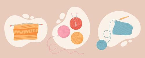 Knitting and sewing compositions with yarn balls, knitting needles, a crochet hook, and fabric. The designs showcase various stages of needlework and sewing projects, emphasizing the craft. vector
