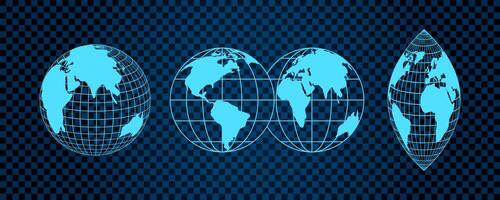 Abstract globe grid set. 3D mesh with earth latitude and longitude lines creating geometric shapes. Wireframe grid elements in digital design, retro Y2K cyberpunk style. Tech elements pattern visual. vector
