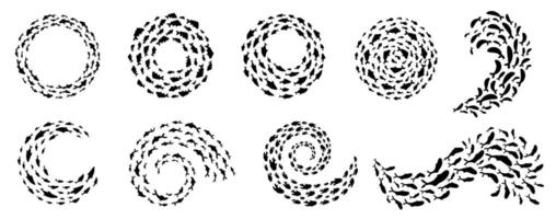 Swirling fish shoals creating dynamic spirals in the ocean. These mesmerizing underwater and marine life schools form elegant frame and border for aquatic graphic or logo design. vector