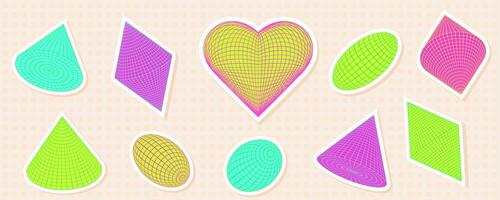Vibrant collection of 3D geometric shapes, including a heart, with wireframe grid and mesh patterns. Abstract y2k sticker style, featuring bright and futuristic elements. vector