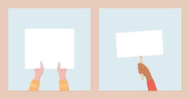 Hands hold signs at social media template set. Hand with blank banner emphasizes the protest, with people showing community strength, support, and solidarity for global causes. vector