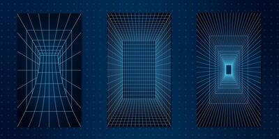 3D wireframe grid tunnels with abstract shapes and neon blue lines. This y2k cyberpunk design features geometric mesh patterns, offering a futuristic and retro aesthetic. Tech elements stand out. vector