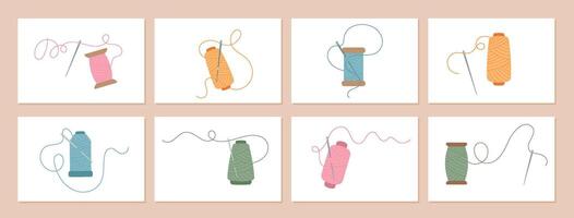 A versatile collection of illustrations depicting thread spools and needles in various colors. These sewing tools highlight essential elements like thread, needle, and spool for tailors projects. vector