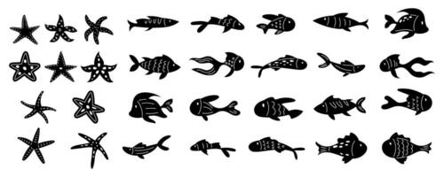 Collection of black silhouettes of fish and starfish. Underwater creatures, marine and sea life, featuring in simplified designs. Isolated and flat underwater icons. vector