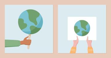 Hands hold Earth signs representing global solidarity and environmental protest. People use social media template for ecology demonstrations, showing community strength with banners and placards. vector