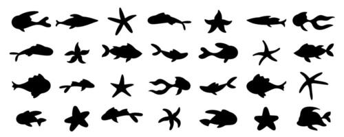 set of black fish and starfish silhouettes on a white background. Perfect for depicting underwater ocean scenes, marine life, aquatic environments, or reef settings. vector