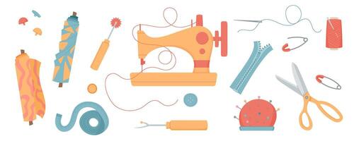 Set of sewing machine with fabric rolls, thread, needle, and zipper. Pin cushion, scissors, and buttons for tailoring. Cute illustration of craft tools for handmade sewing and embroidery projects. vector