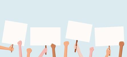 Hands hold blank protest signs, representing a community gathering. People from the community raise banners with their united message. Hand display placards to show strength and solidarity. vector