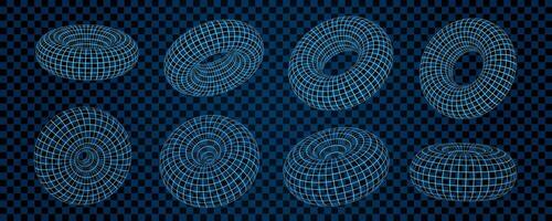 A set of 3D wireframe mesh toruses positioned on a checkered grid background. The abstract geometric design combines a retro Y2K vibe with a futuristic, digital aesthetic. vector