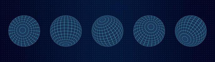 Set of 3D sphere shapes with abstract wireframe grids and mesh lines. Geometric element globe with latitude and longitude patterns. Y2k cyberpunk style in a futuristic digital design. vector