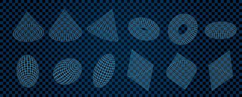 3D abstract collection of wireframe mesh shapes, including cones, toruses, and other forms, displayed on a checkered grid background. Geometric design in a Y2K retro futuristic aesthetic. vector