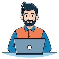 A happy bearded man working on his laptop computer from home office vector