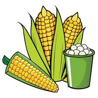 Cartoon illustration of corn cobs kernels and popcorn in a bucket vector