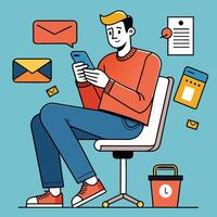 Man Sitting in Chair Using Smartphone Checking Emails and Reminders vector