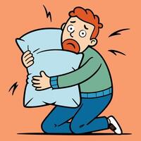 Man Kneeling and Hugging a Pillow Feeling Anxious or Scared vector