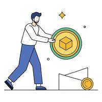 Man Rolling a Large Token with a Cube Symbol Towards a Mechanism vector
