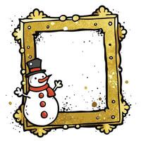 A snowman in a frame with a gold frame vector