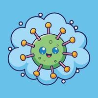Adorable Cartoon Virus Illustration Floating on a Cloud A Cute and Happy Green Microbe Character Design vector