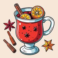 A Delicious Mug of Warm Spiced Mulled Wine with Oranges and Cinnamon Sticks vector