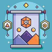 A scroll with a mountain and a cube on it vector