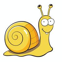 A happy yellow cartoon snail with big eyes and a smiling face is crawling along vector