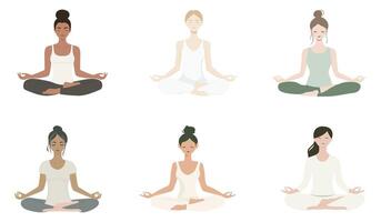 Set of women doing meditating yoga poses in a flat illustration featuring a simple design in a minimalistic style with pastel colors on white background vector