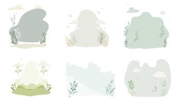 A set of illustrations in light green pastel tones on the theme of spring and nature, featuring clouds, plants, mountains, trees, grasses, rocks, abstract shapes, simple flat style vector
