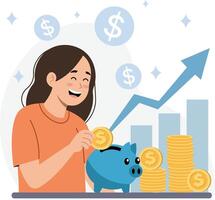 Illustration of a woman sitting at a table and putting a dollar coin in a piggy bank, focusing on savings and financial planning. vector