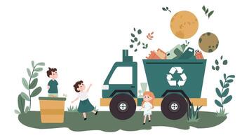 children engaged in waste separation, with a green truck and green trees in the background, cute cartoon characters suitable for children's books, on white background. vector