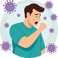 Illustration of a sick man. His facial expression shows discomfort. Around him are floating virus particles vector