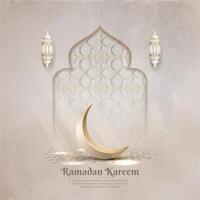 white lantern decoration and crescent moon with simple background for ramadan day vector