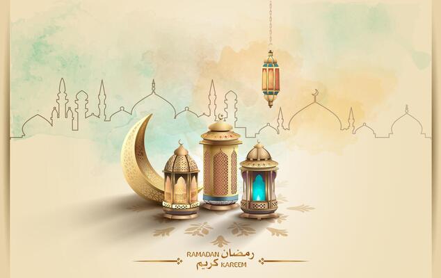 islamic festival greeting card with lantern and crescent moon decoration